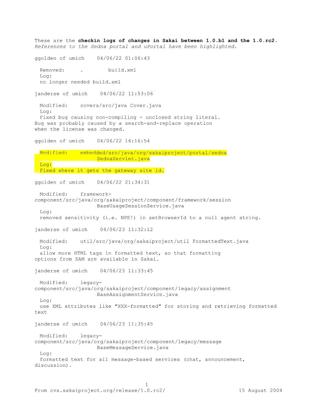 These Are the Checkin Logs of Changes in Sakai Between 1