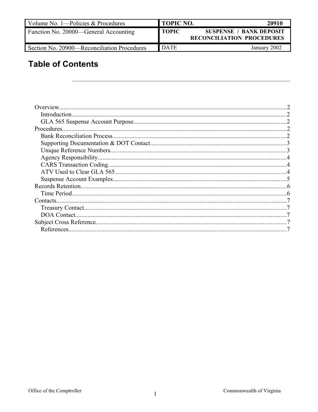 CAPP Manual - 20910 - Reconciliation Procedures, Suspense/Bank Deposit Reconciliation Procedures