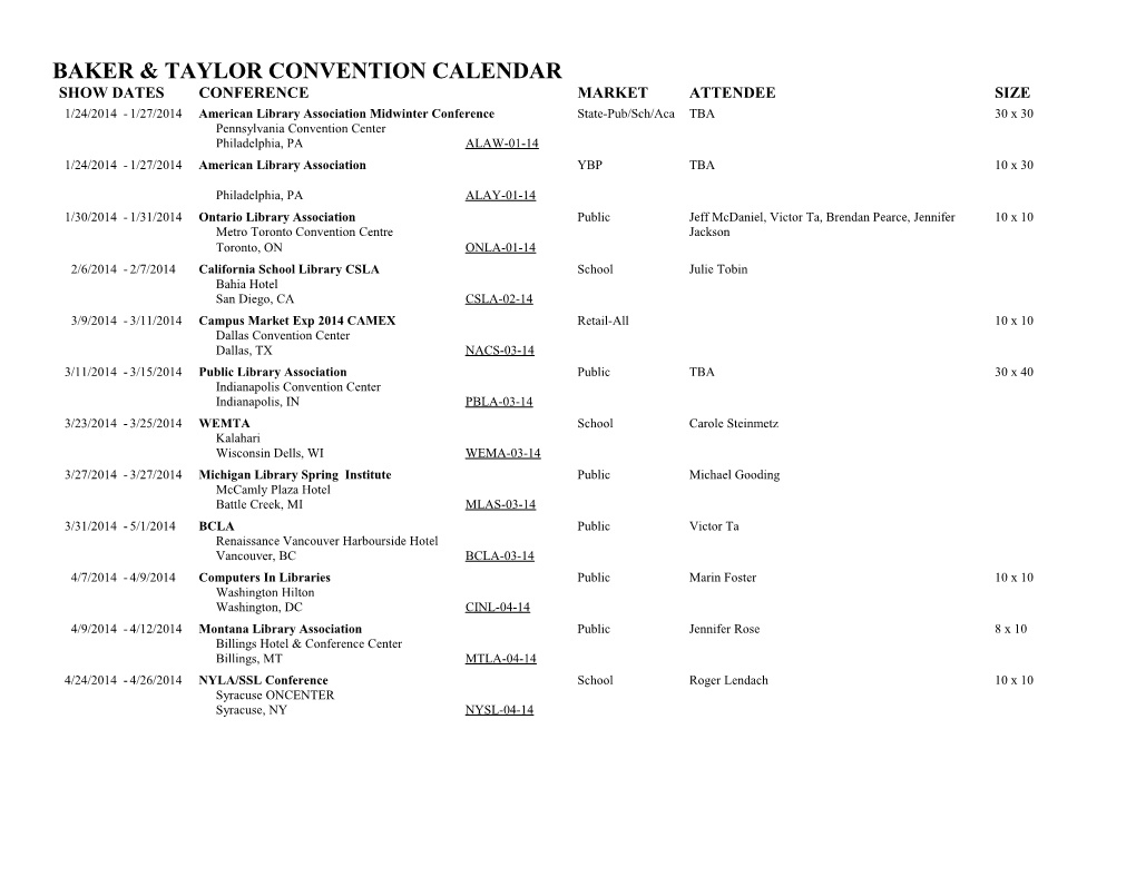 Baker & Taylor Convention Calendar