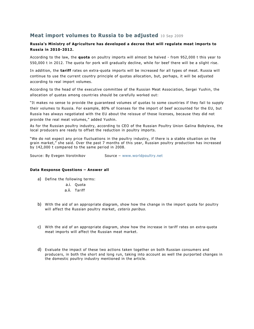 Meat Import Volumes to Russia to Be Adjusted 10 Sep 2009