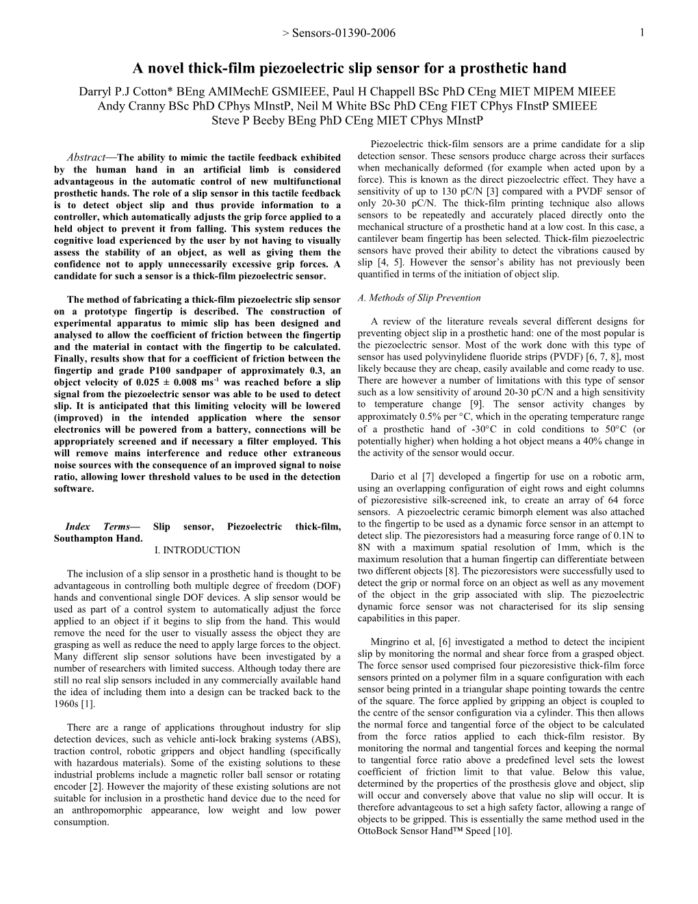 A Novel Thick-Film Piezoelectric Slip Sensor for a Prosthetic Hand