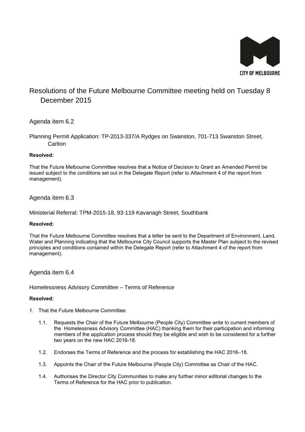 8 December 2015 FMC Meeting Resolutions