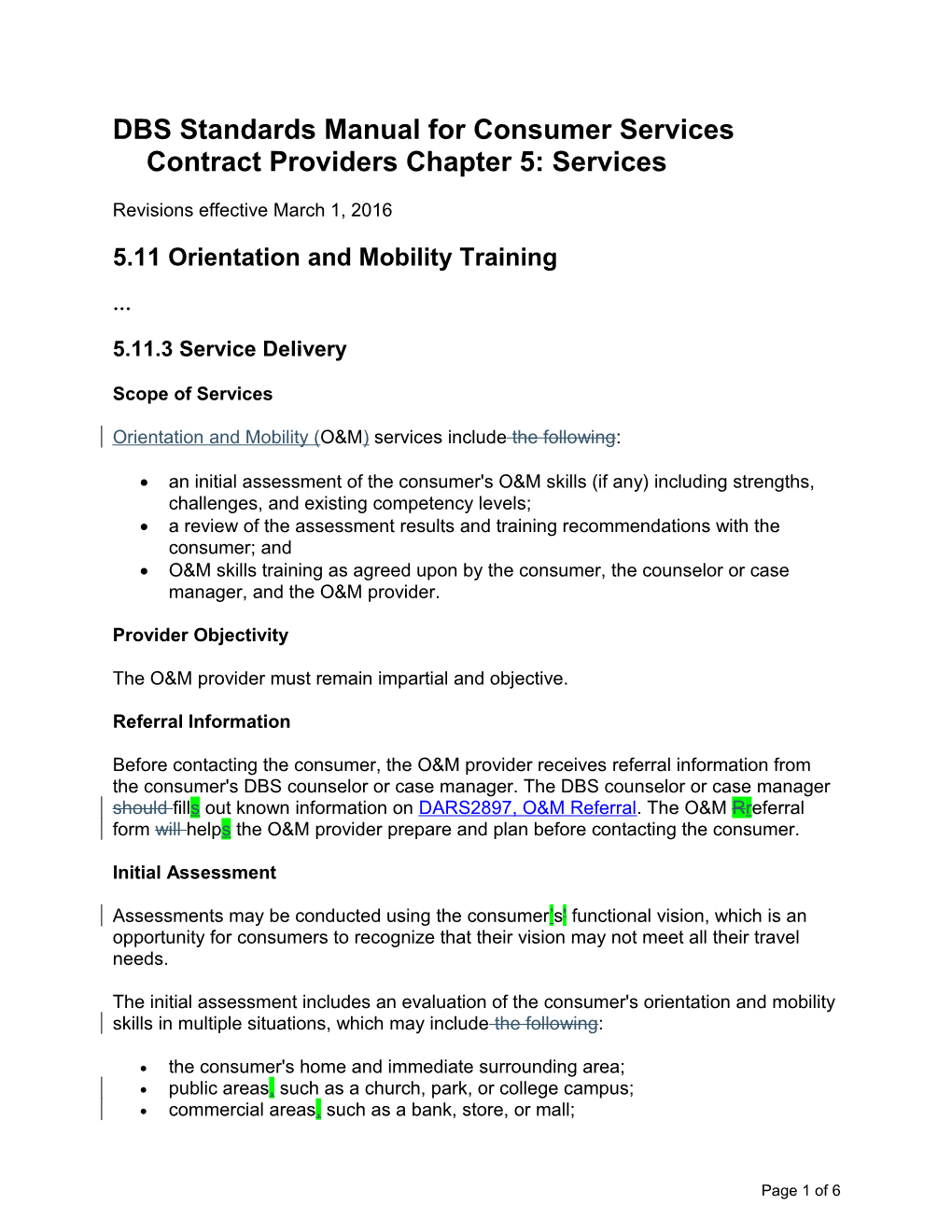 DBS Standards Manual for Consumer Services Contract Providers Chapter 5 Revisions, March 2016
