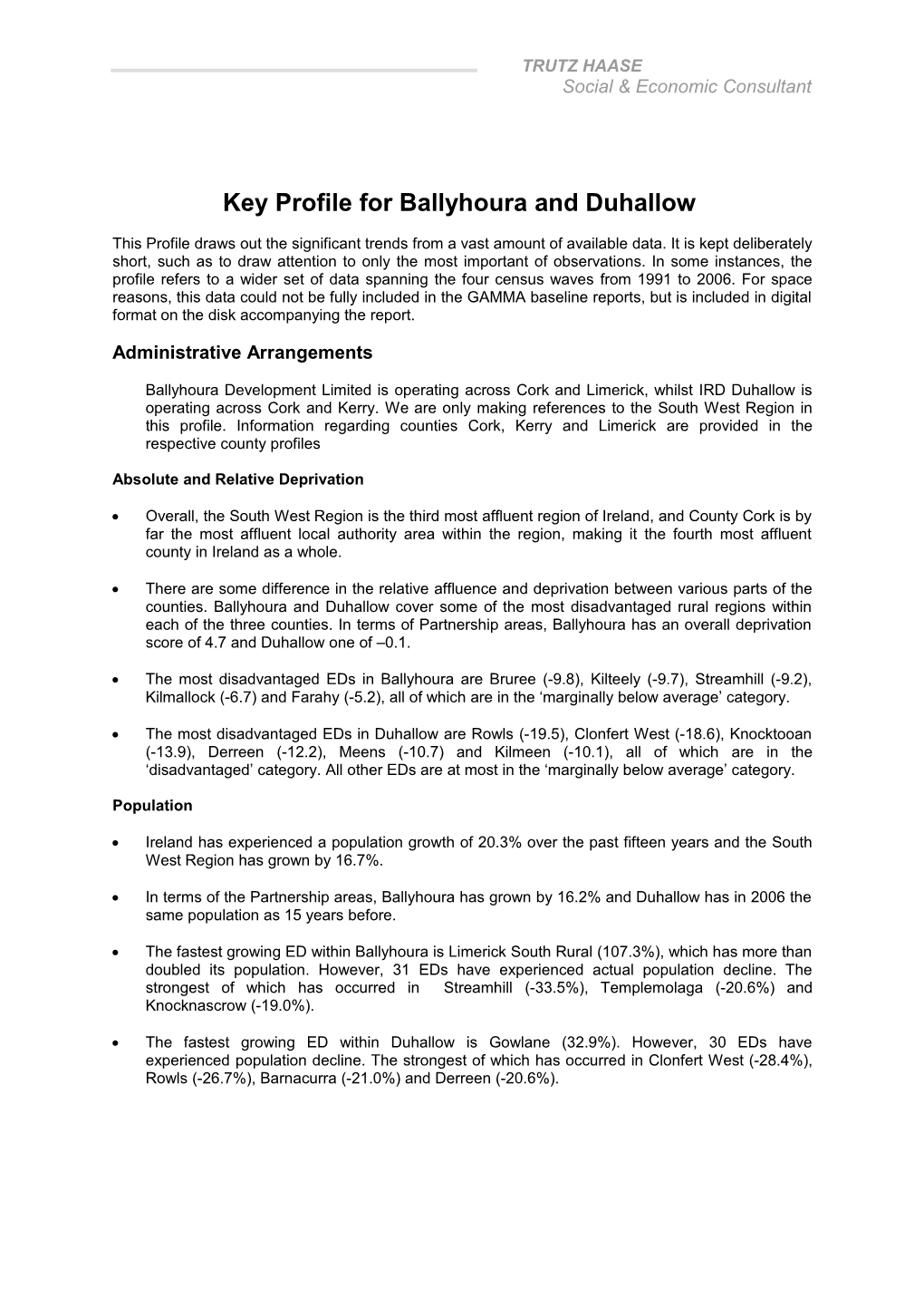 Key Profile for Ballyhoura and Duhallow