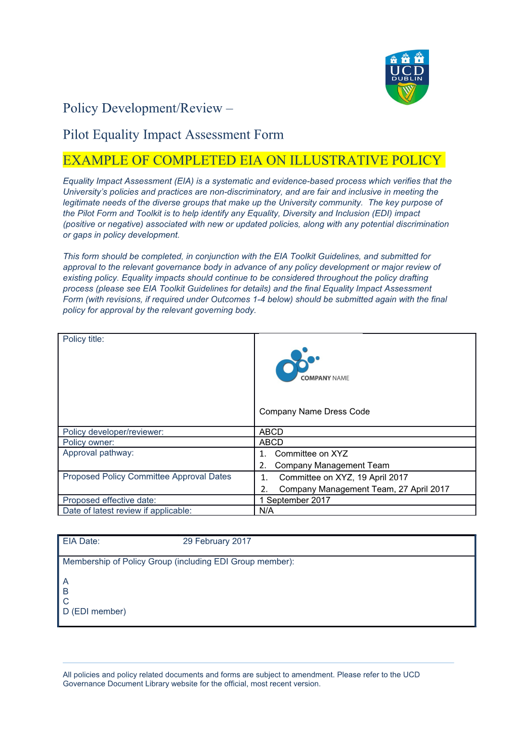Pilot Equality Impact Assessment Form