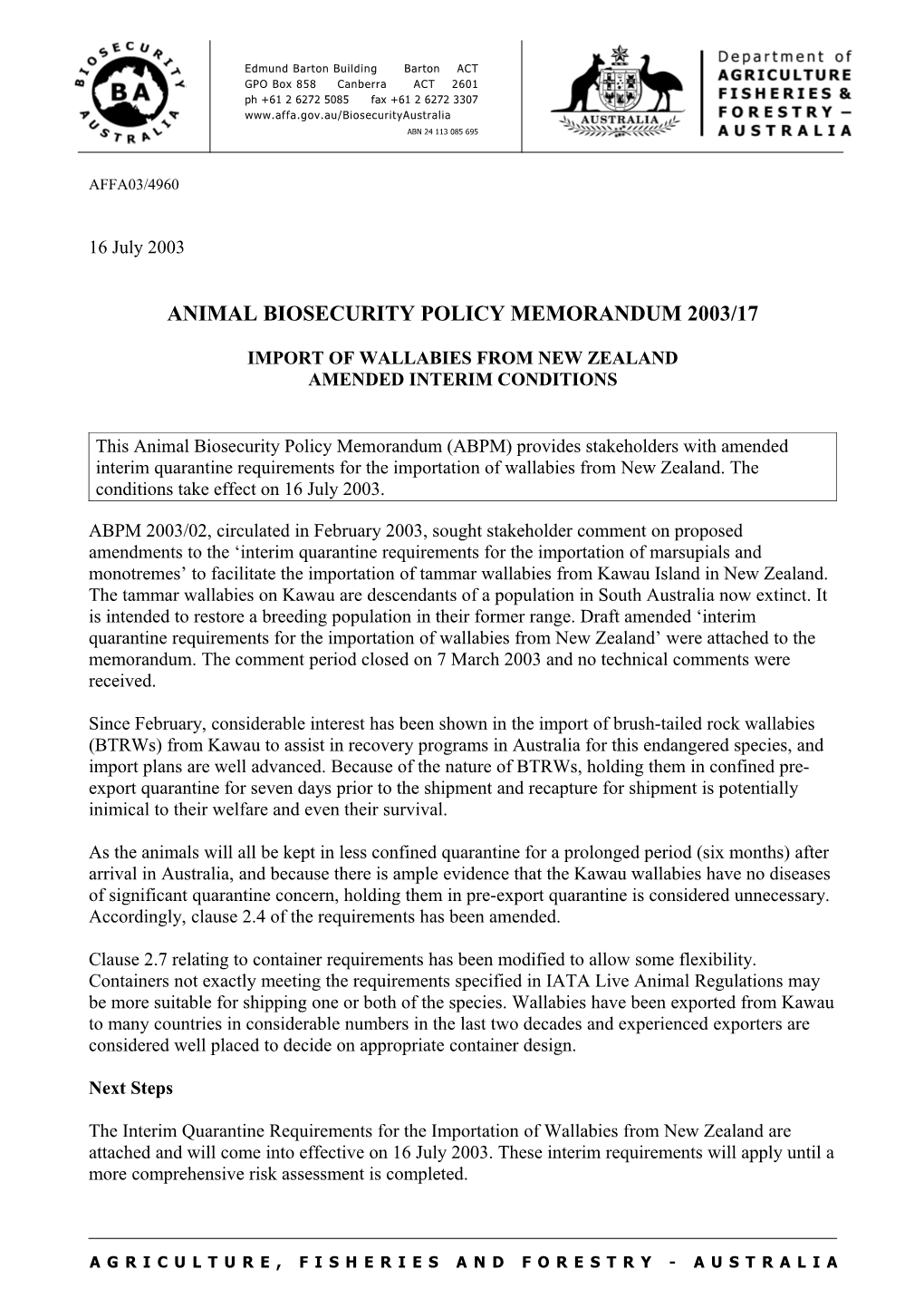 Animal Biosecurity Policy Memorandum 2003/17