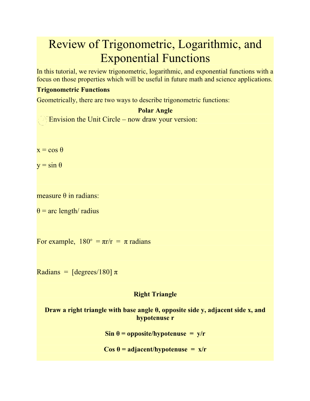 Review of Trigonometric, Logarithmic, and Exponential Functions