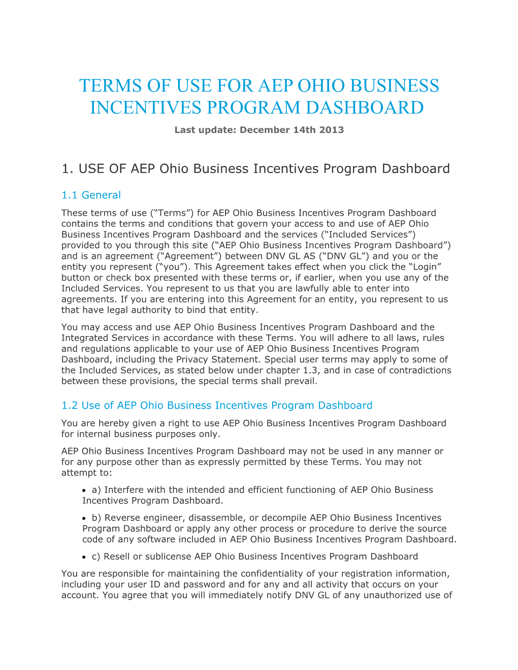 TERMS of USE for AEP Ohio Business Incentives Program Dashboard