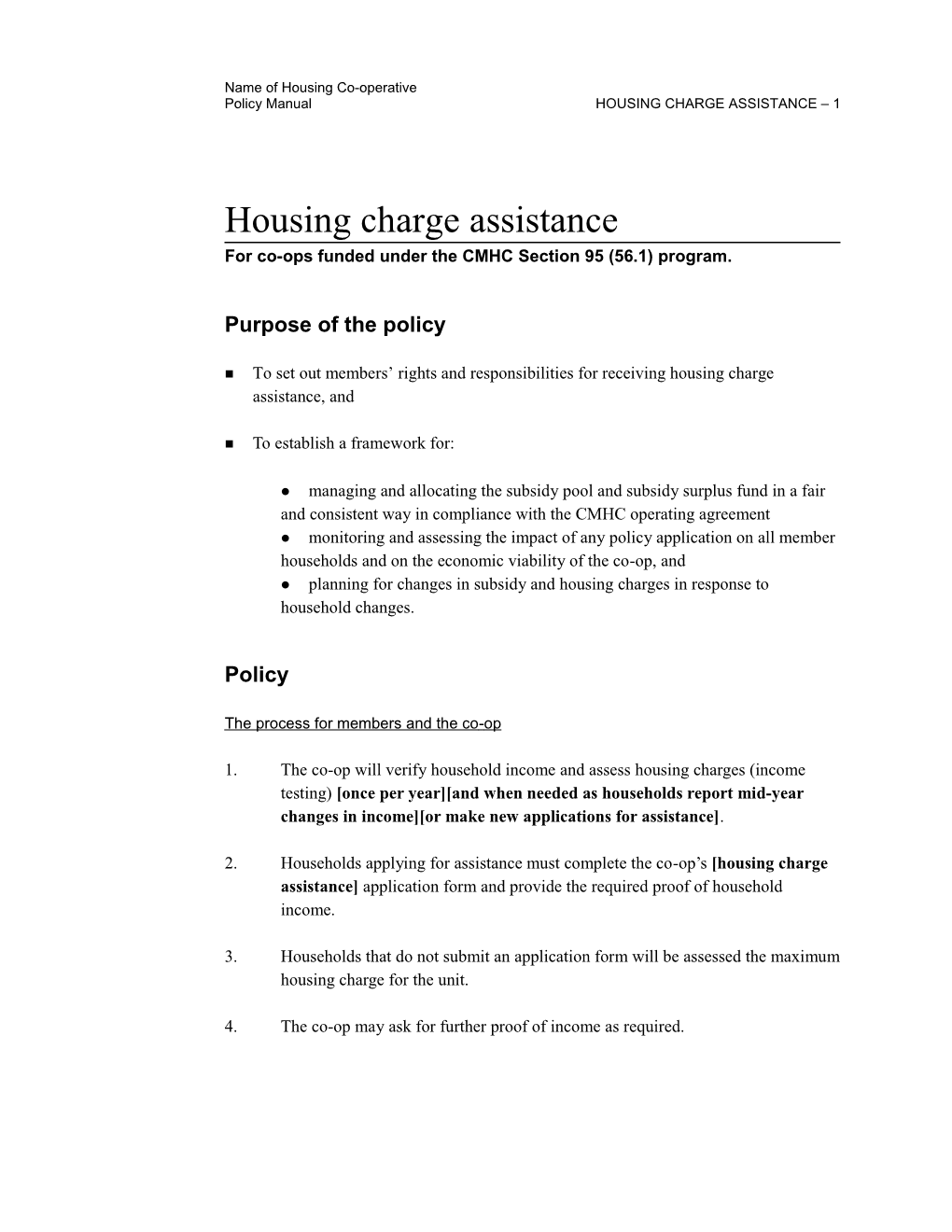 Housing Charge Assistance Policy