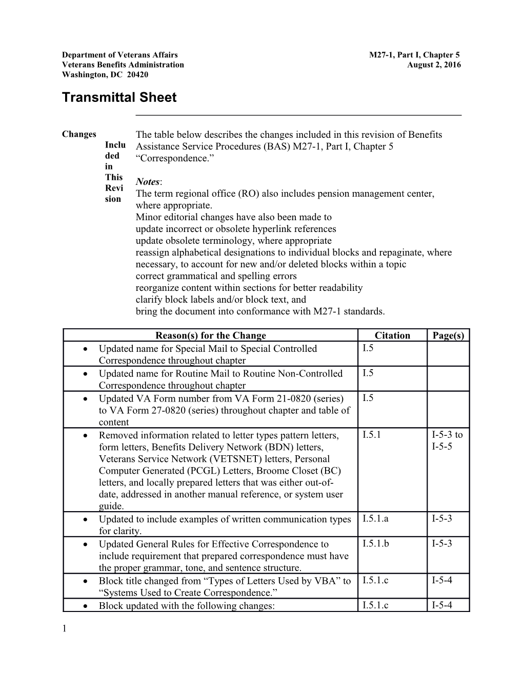 Department of Veterans Affairs M27-1, Part I, Chapter 5