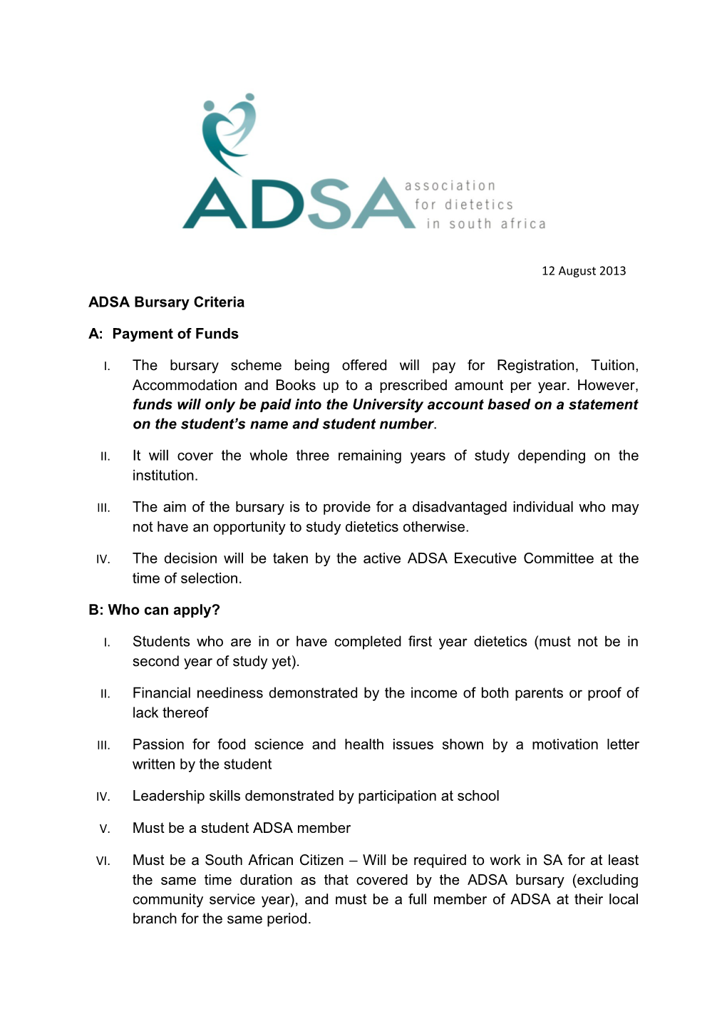ADSA Bursary Criteria