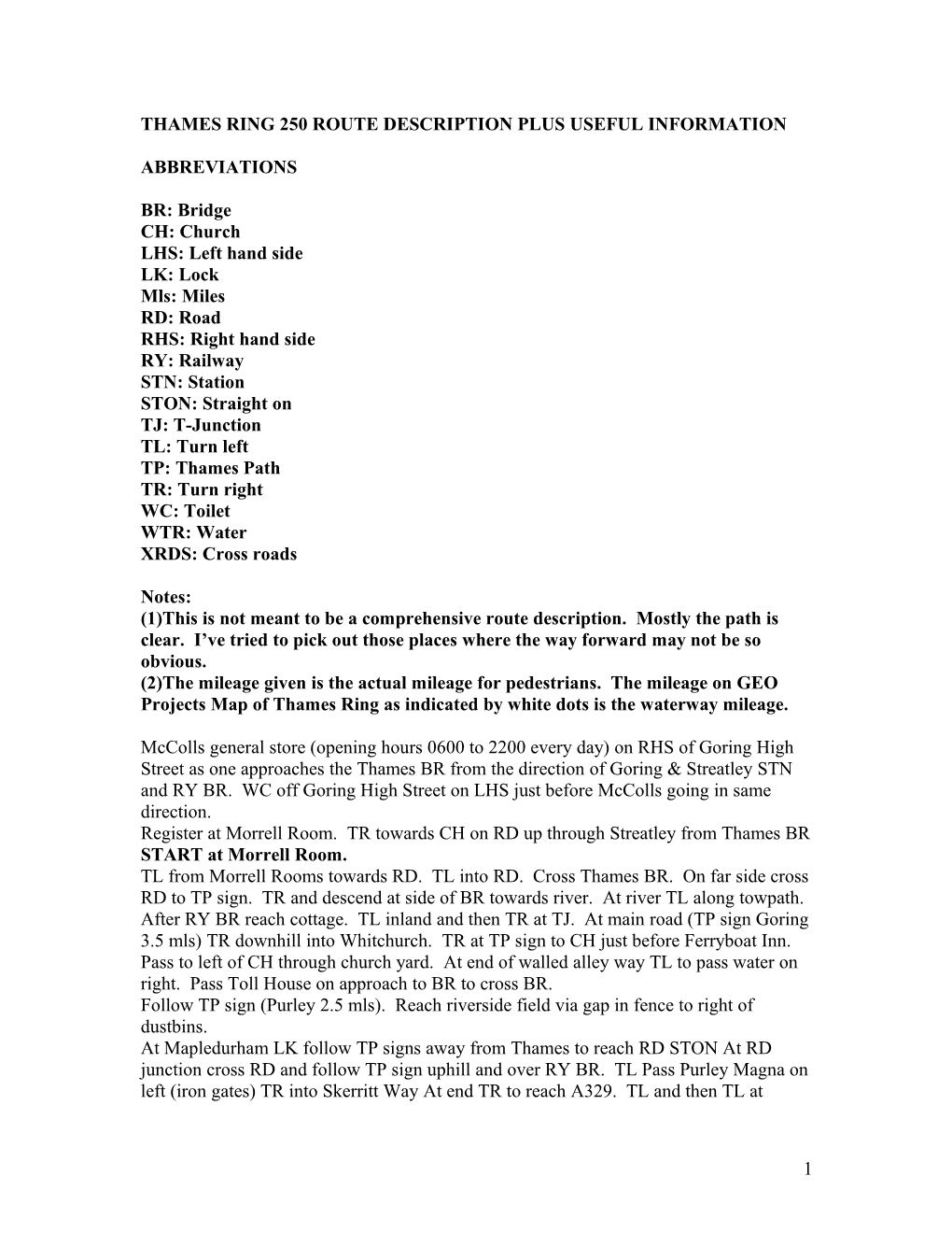 Thames Ring Route Description Plus Useful Information