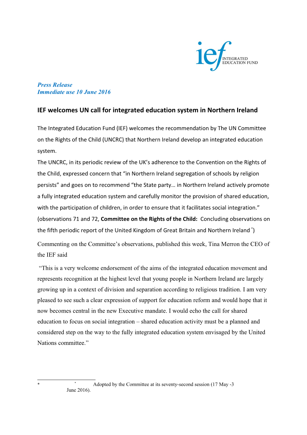 IEF Welcomes UN Call for Integrated Education System in Northern Ireland