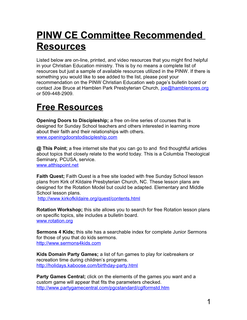 PINW CE Committee Recommended Resources