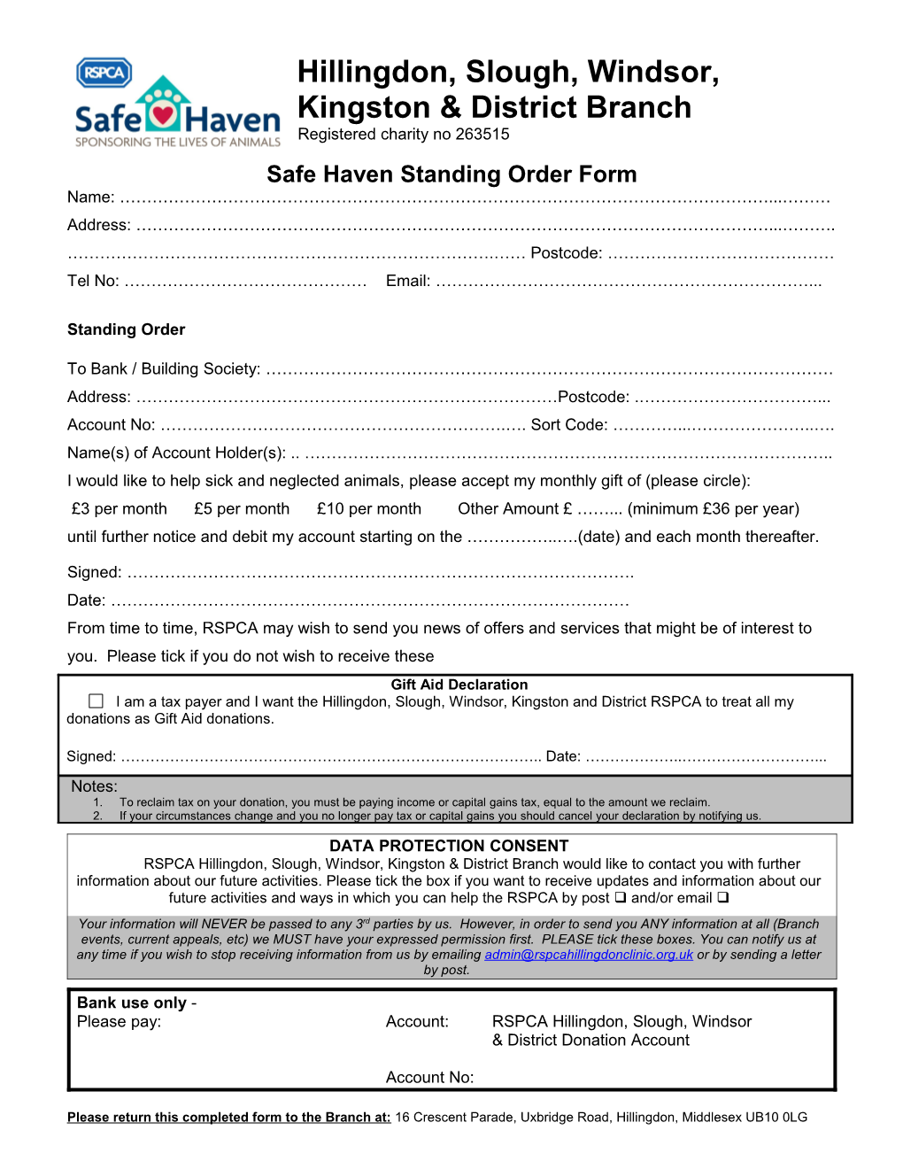 Safe Haven Standing Order Form