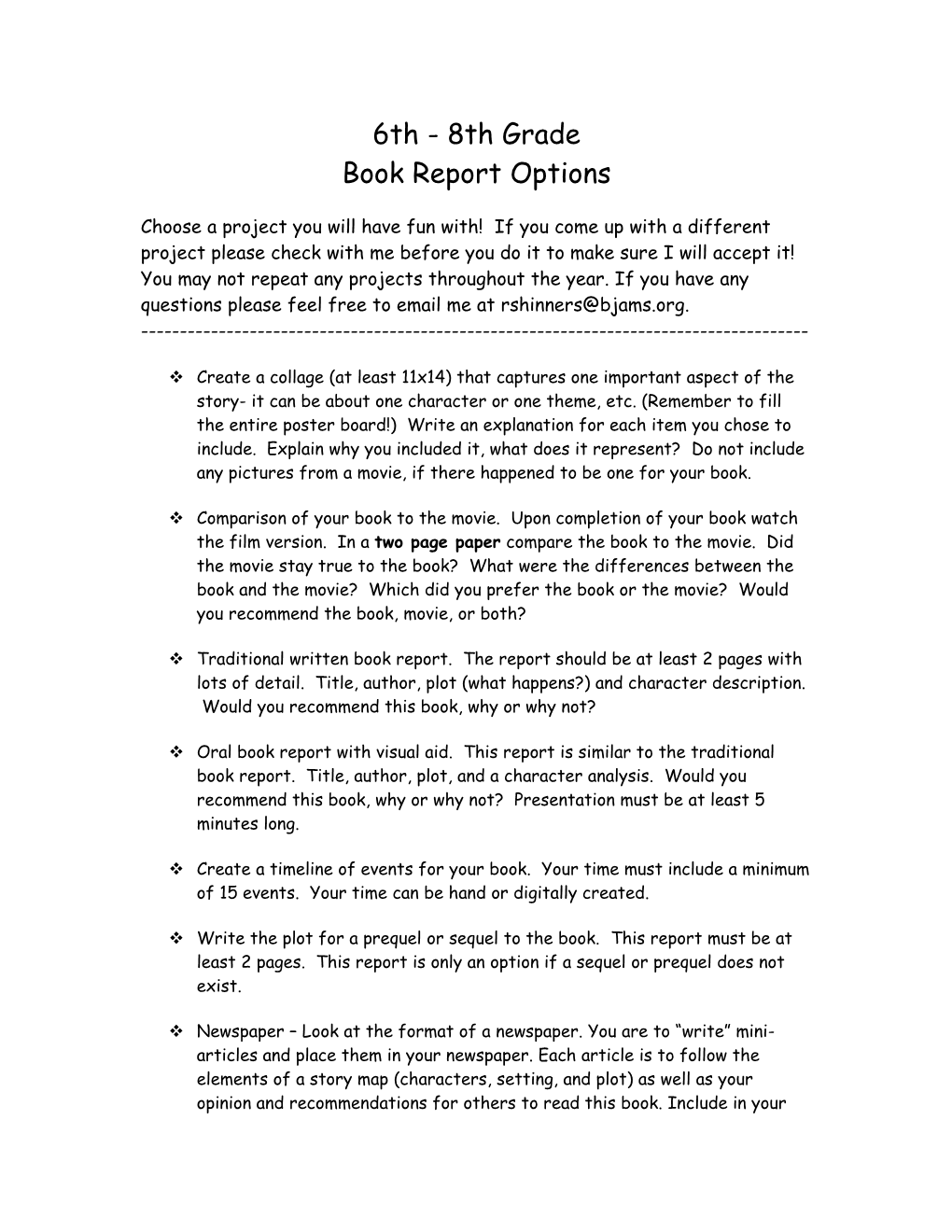 Book Report Options