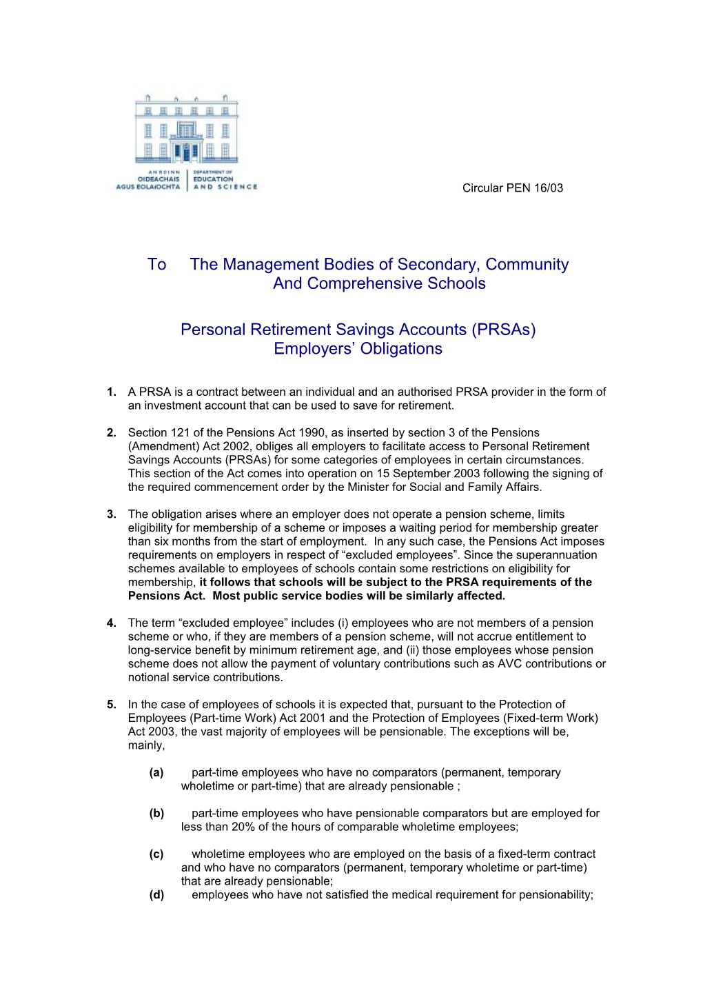 Circular PEN 16/03 - Personal Retirement Savings Accounts (Prsas) Post Primary (File Format