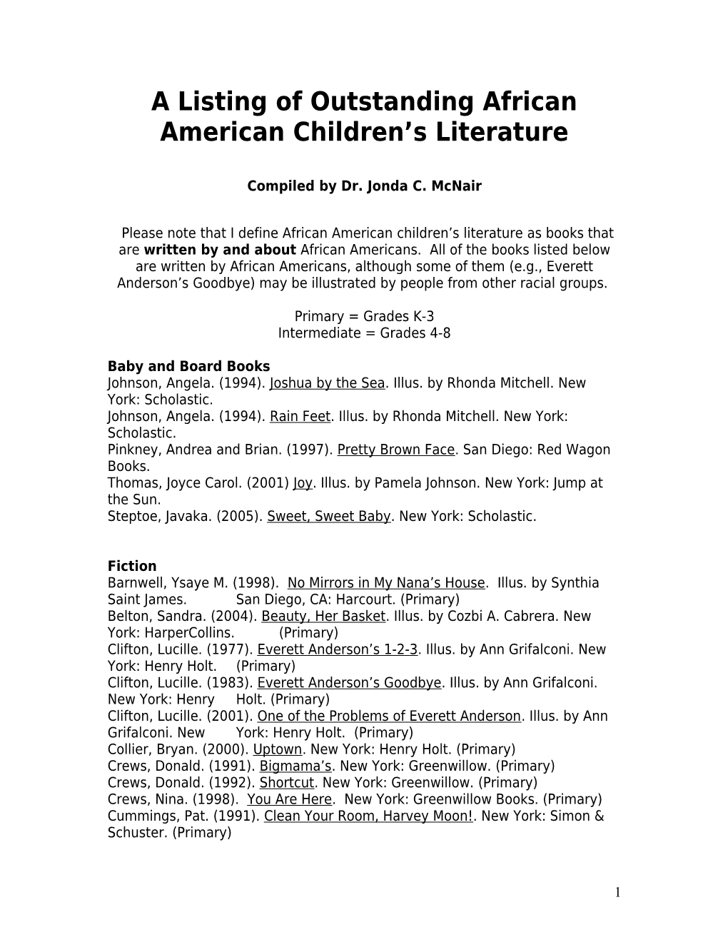 A Sampling of Notable African American Children S Literature