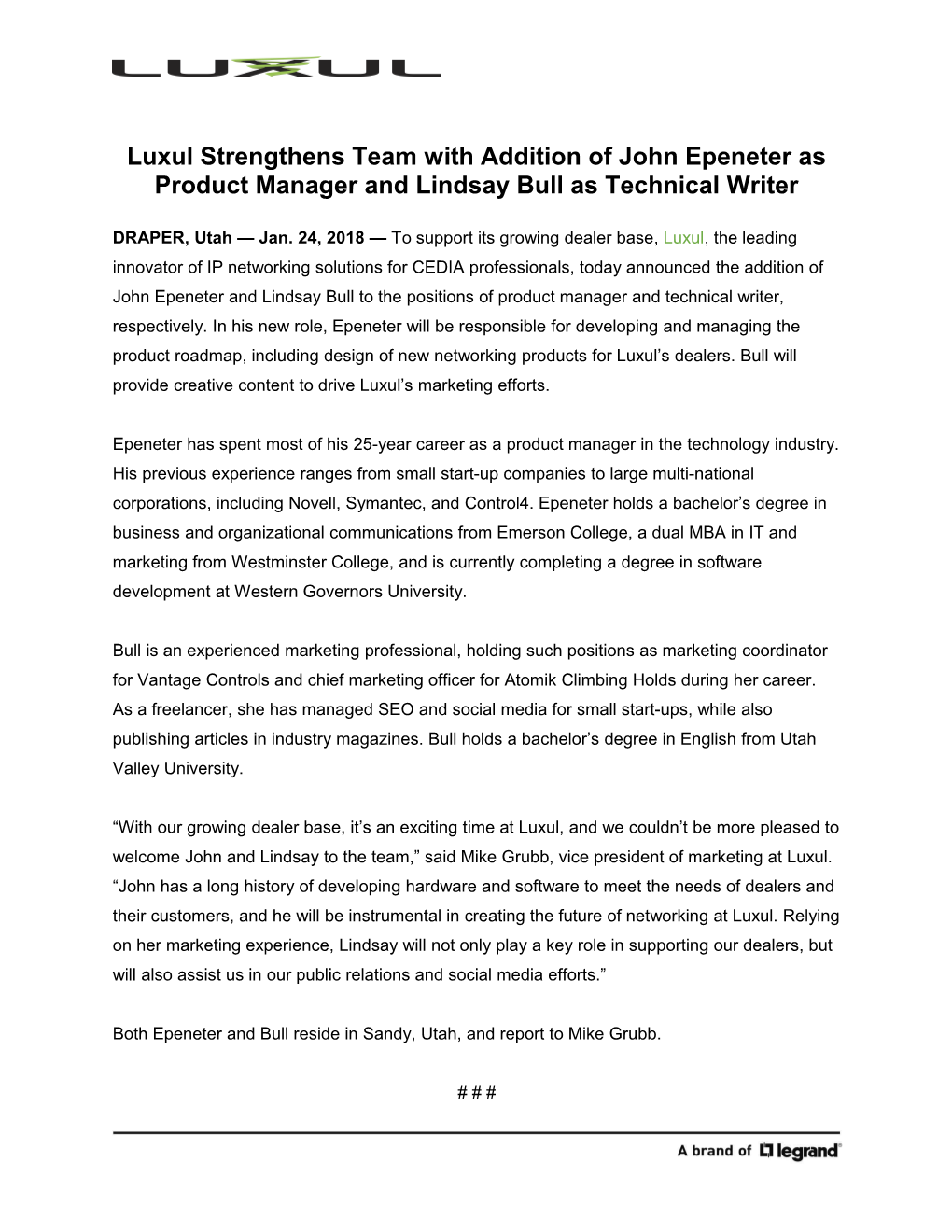 Luxulstrengthens Teamwith Addition of John Epeneter As Product Manager and Lindsay Bull