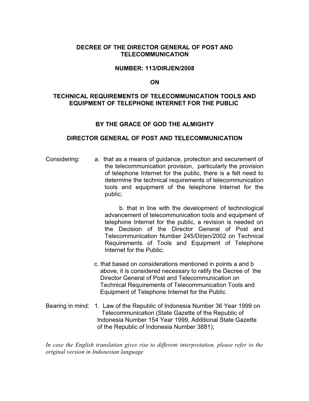 Decree of the Director General of Post and Telecommunication