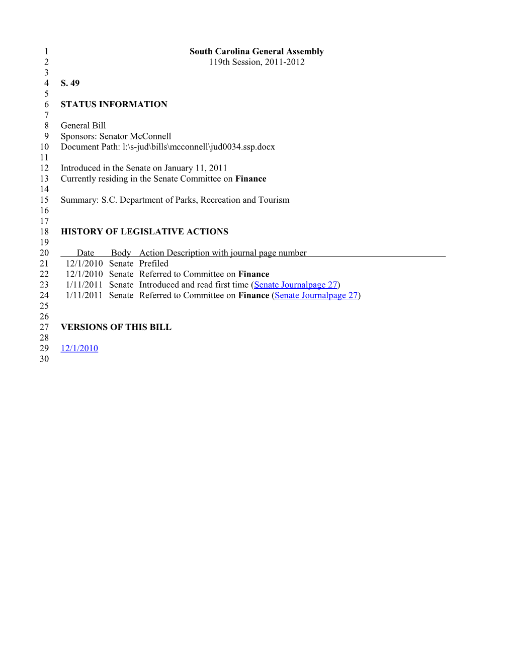 2011-2012 Bill 49: S.C. Department of Parks, Recreation and Tourism - South Carolina Legislature