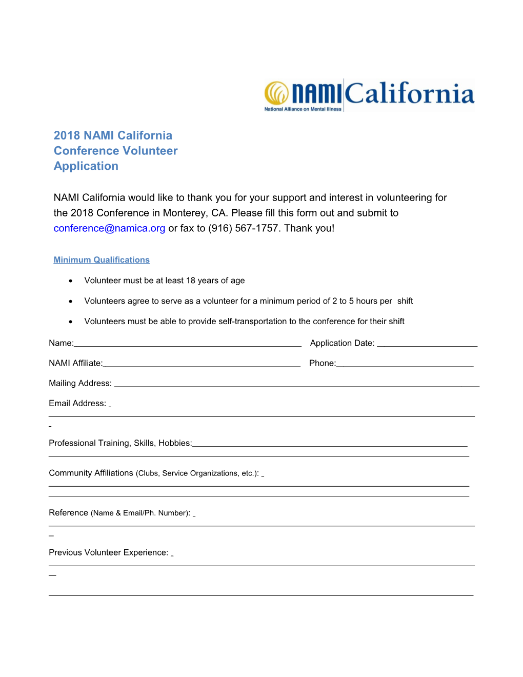 2018 NAMI California Conference Volunteer Application