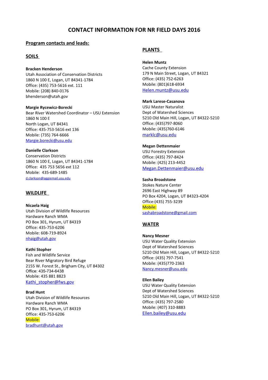 Contact Information for Nr Field Days 2016