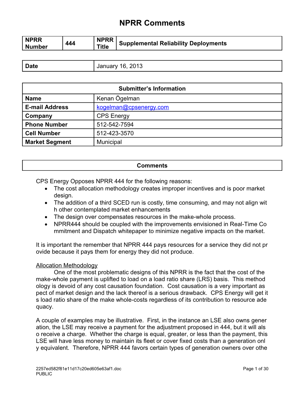 CPS Energy Opposes NPRR 444 for the Following Reasons