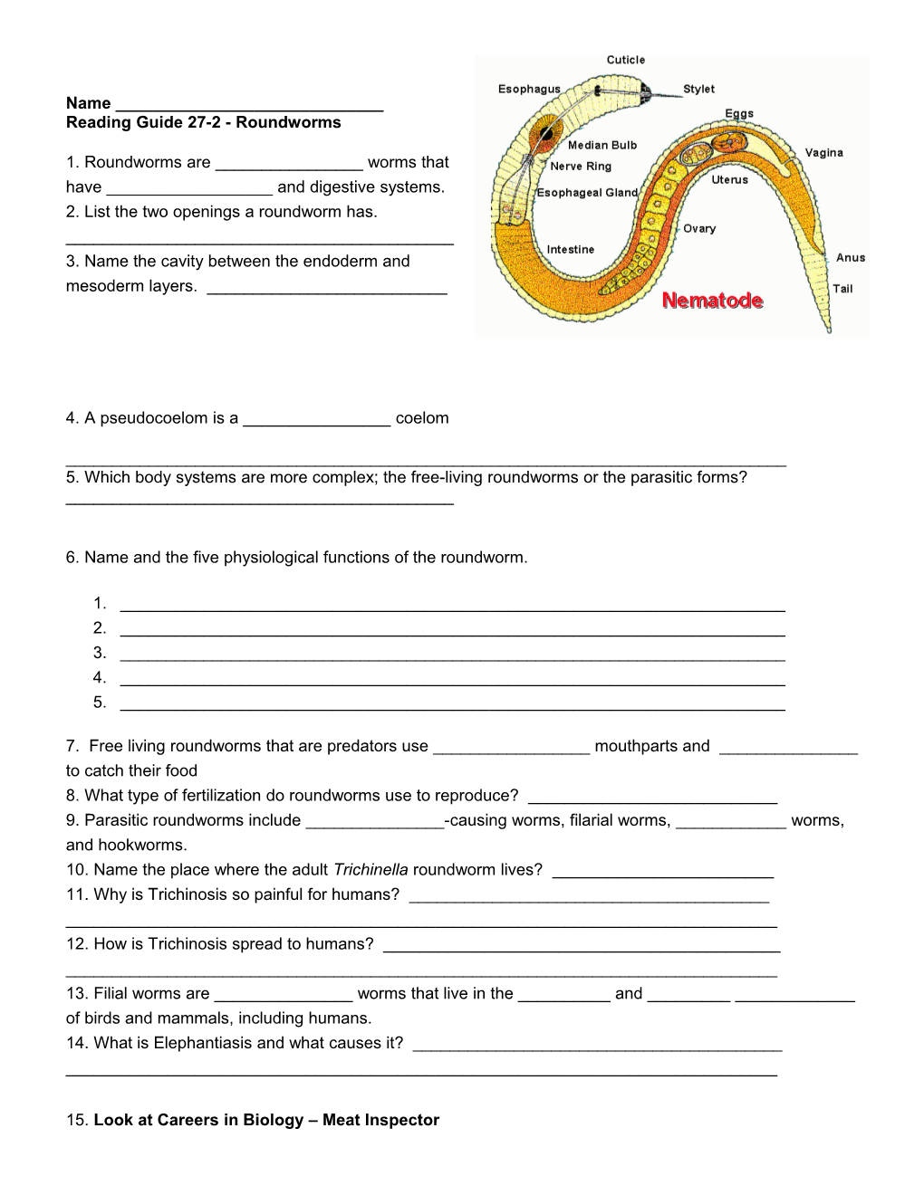 Name ______ Reading Guide 27-2 - Roundworms