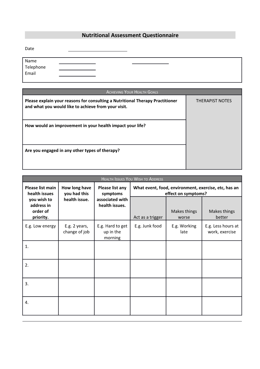 Nutritional Assessment Questionnaire