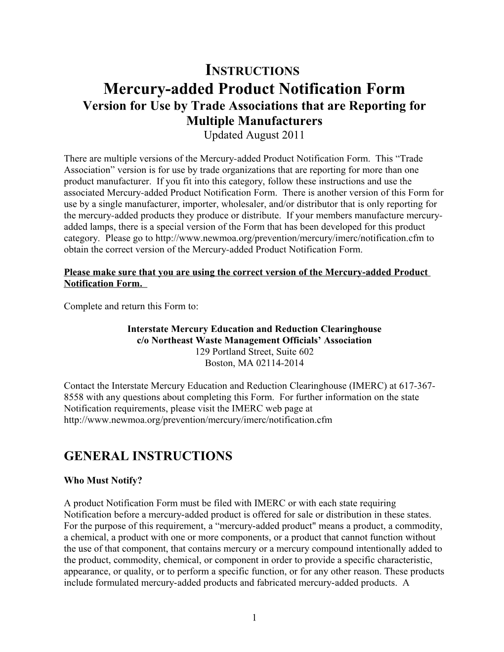 Instruction for Preparing the Mercury-Added Notification Form