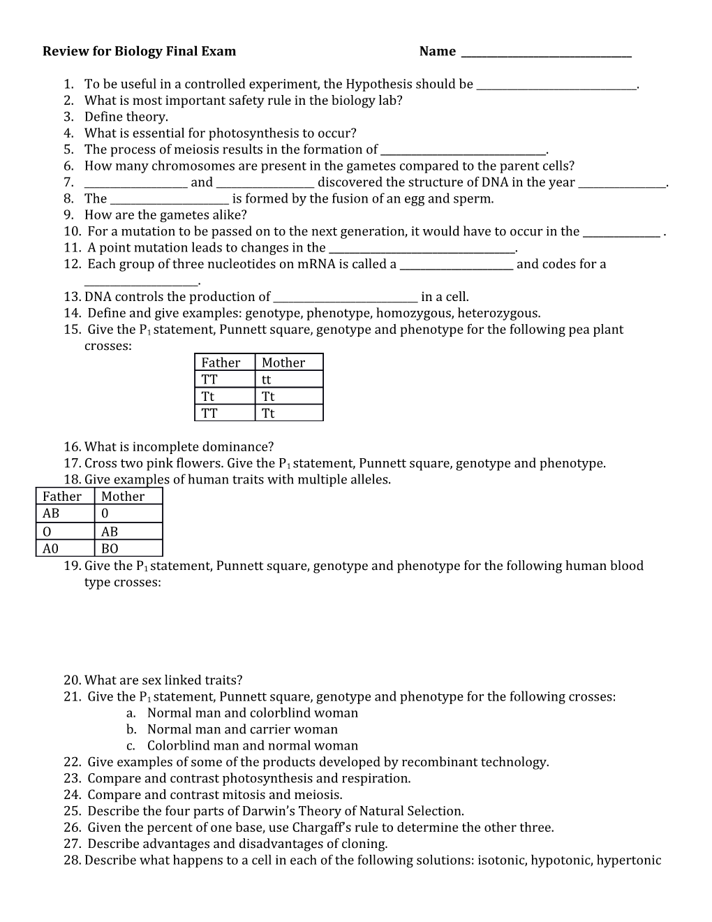 Review for Biology Final Examname ______