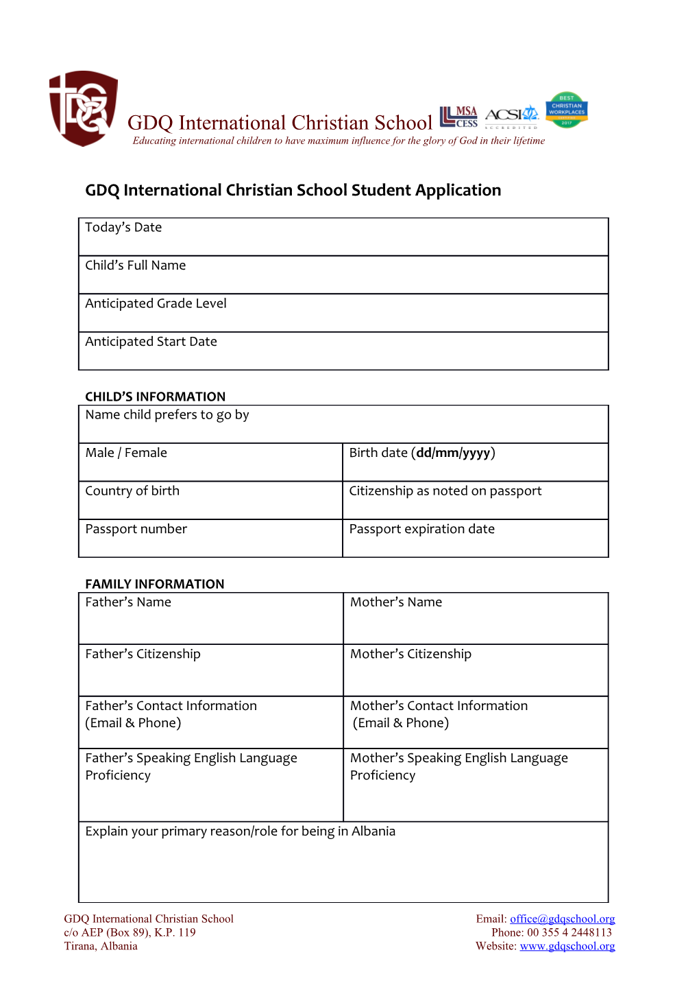 GDQ International Christian School Student Application