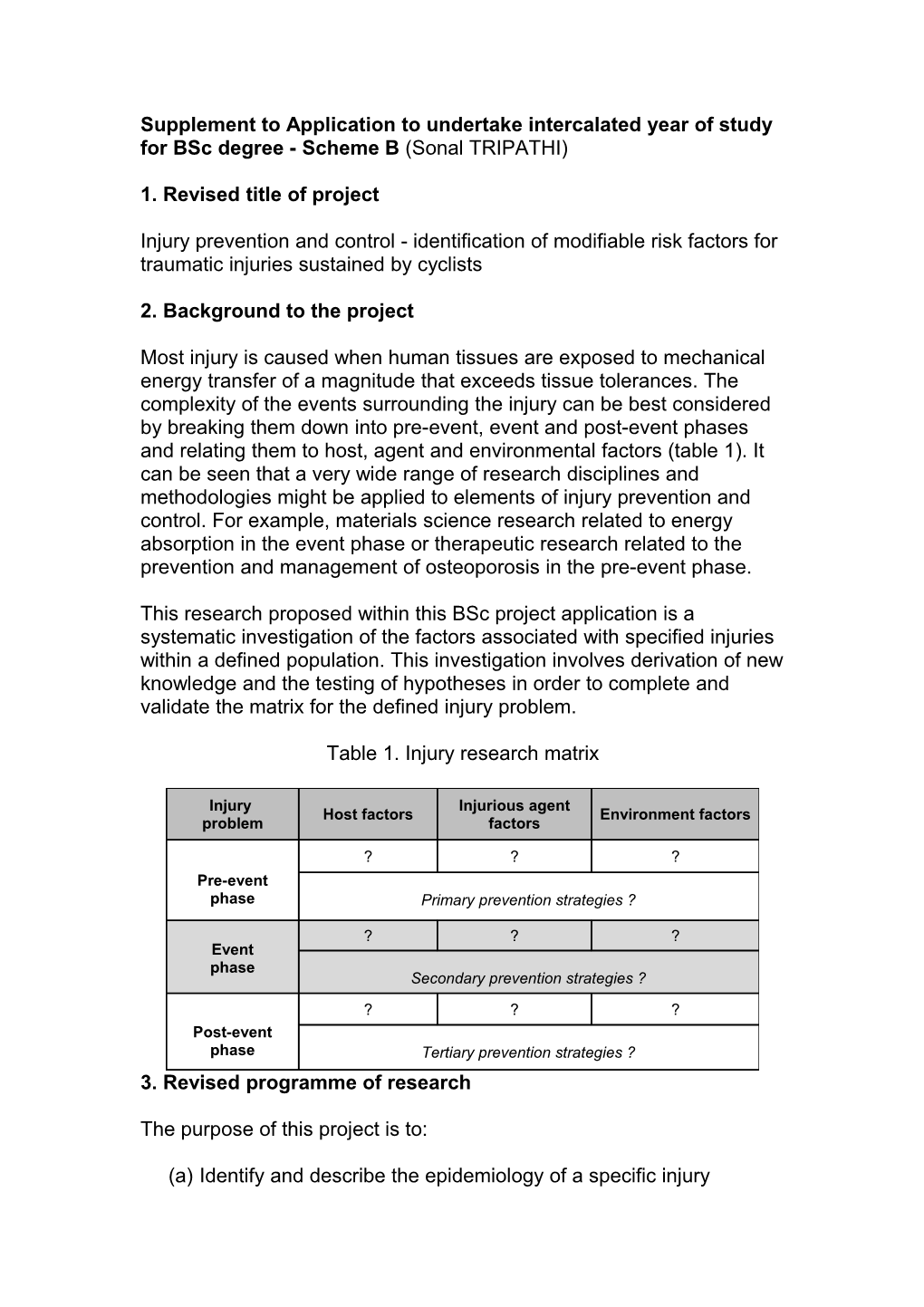 Supplement to Application to Undertake Intercalated Year of Study for Bsc Degree - Scheme