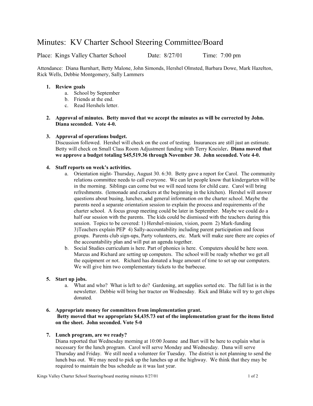 Agenda: KV Charter School Steering Committee