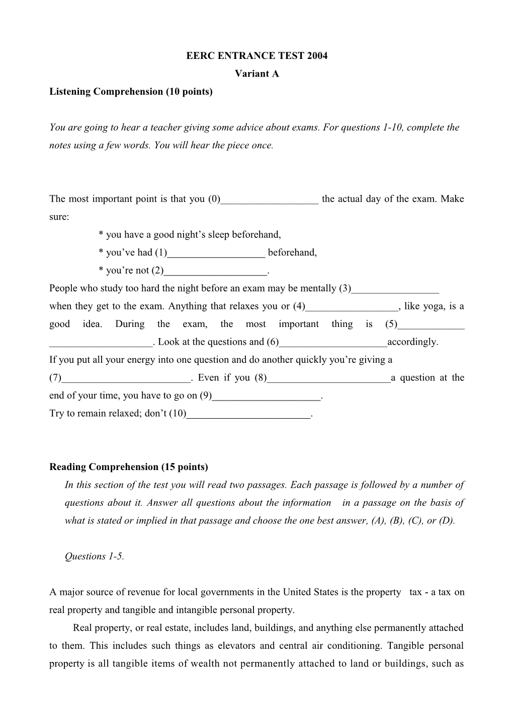 Eerc Entrance Test 2004