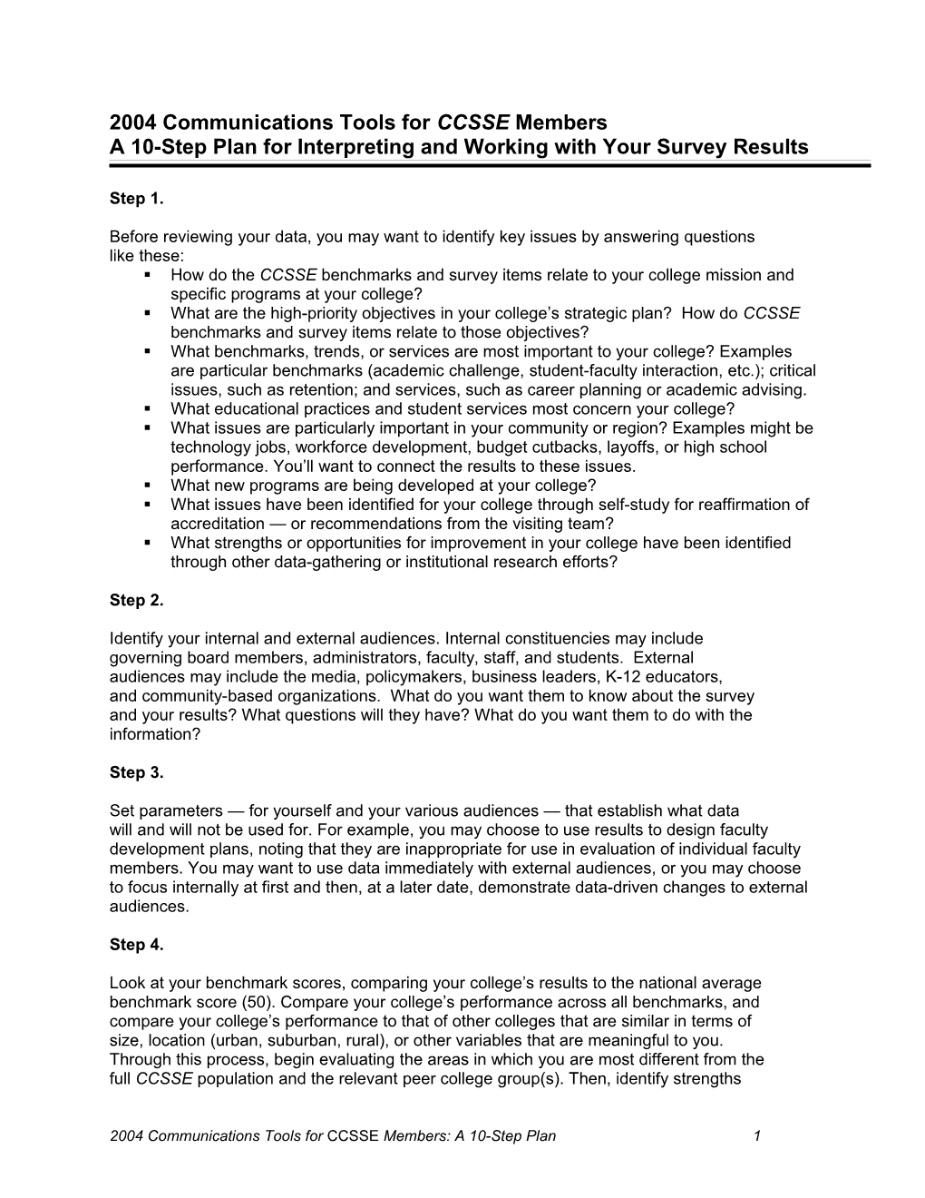 2004 Communications Tools for CCSSE Members