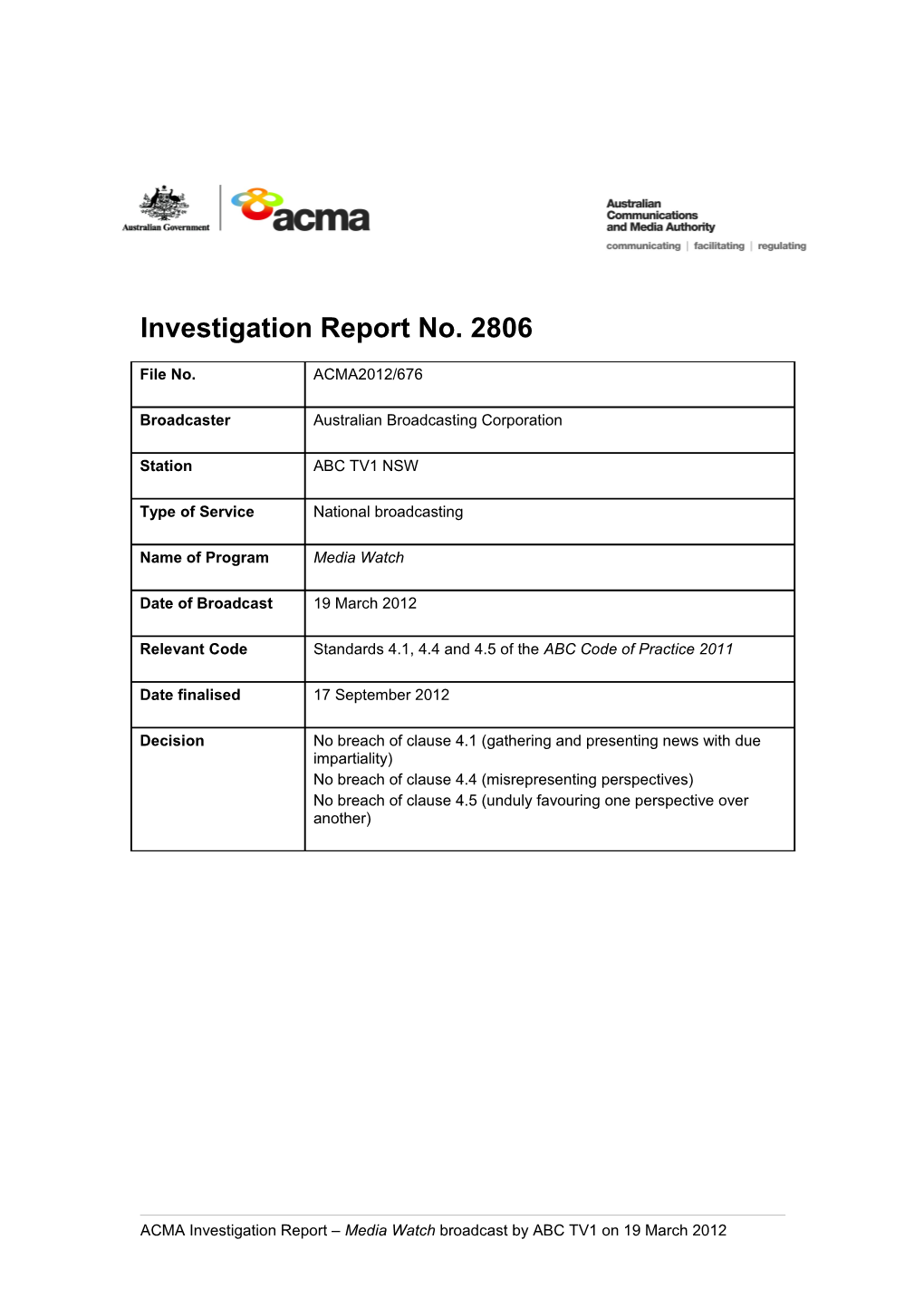 ABC TV1 - ACMA Investigation Report 2806