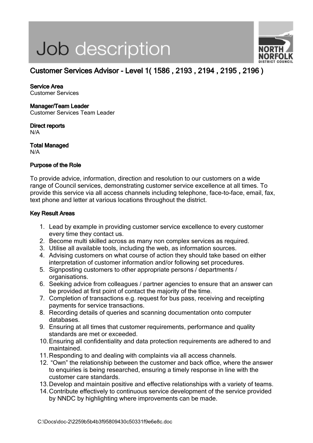 Customer Services Advisor - Level 1( 1586 , 2193 , 2194 , 2195 , 2196 )