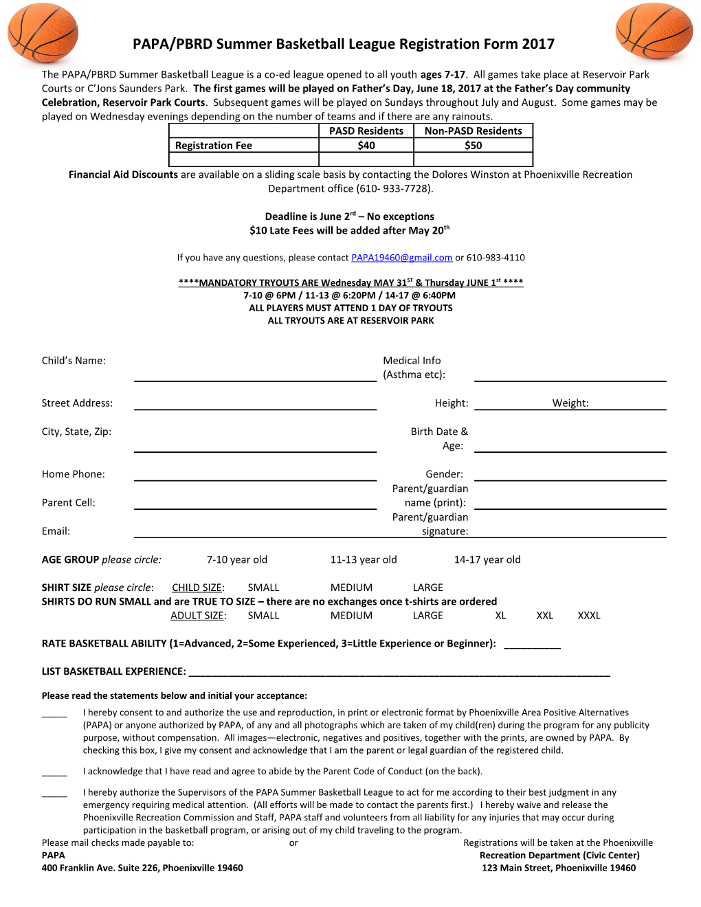 PAPA/PBRD Summer Basketball League Registration Form 2011