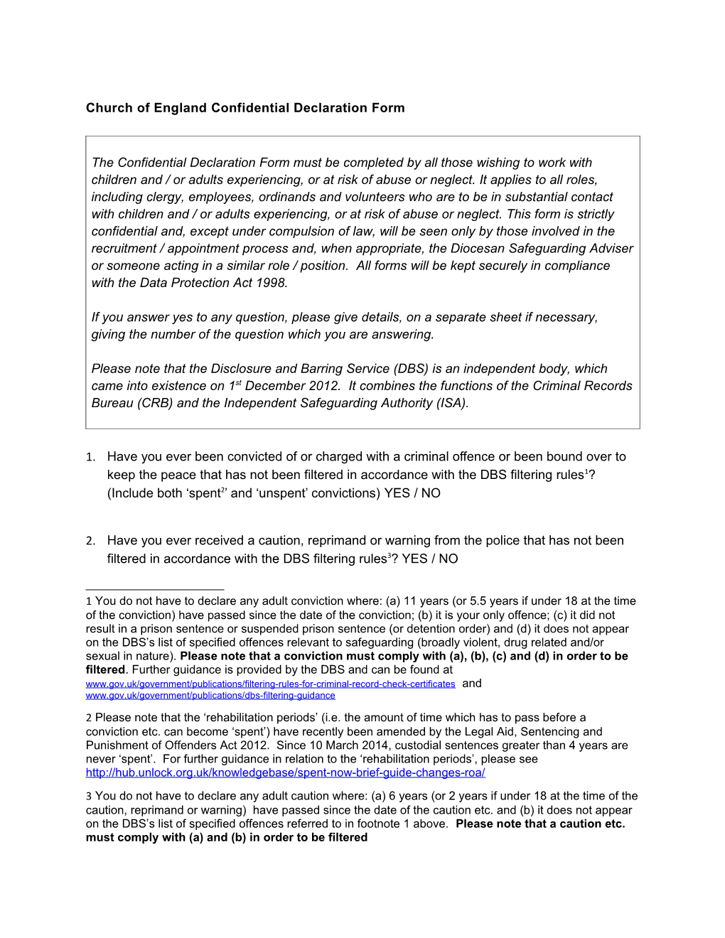 Church of England Confidential Declaration Form