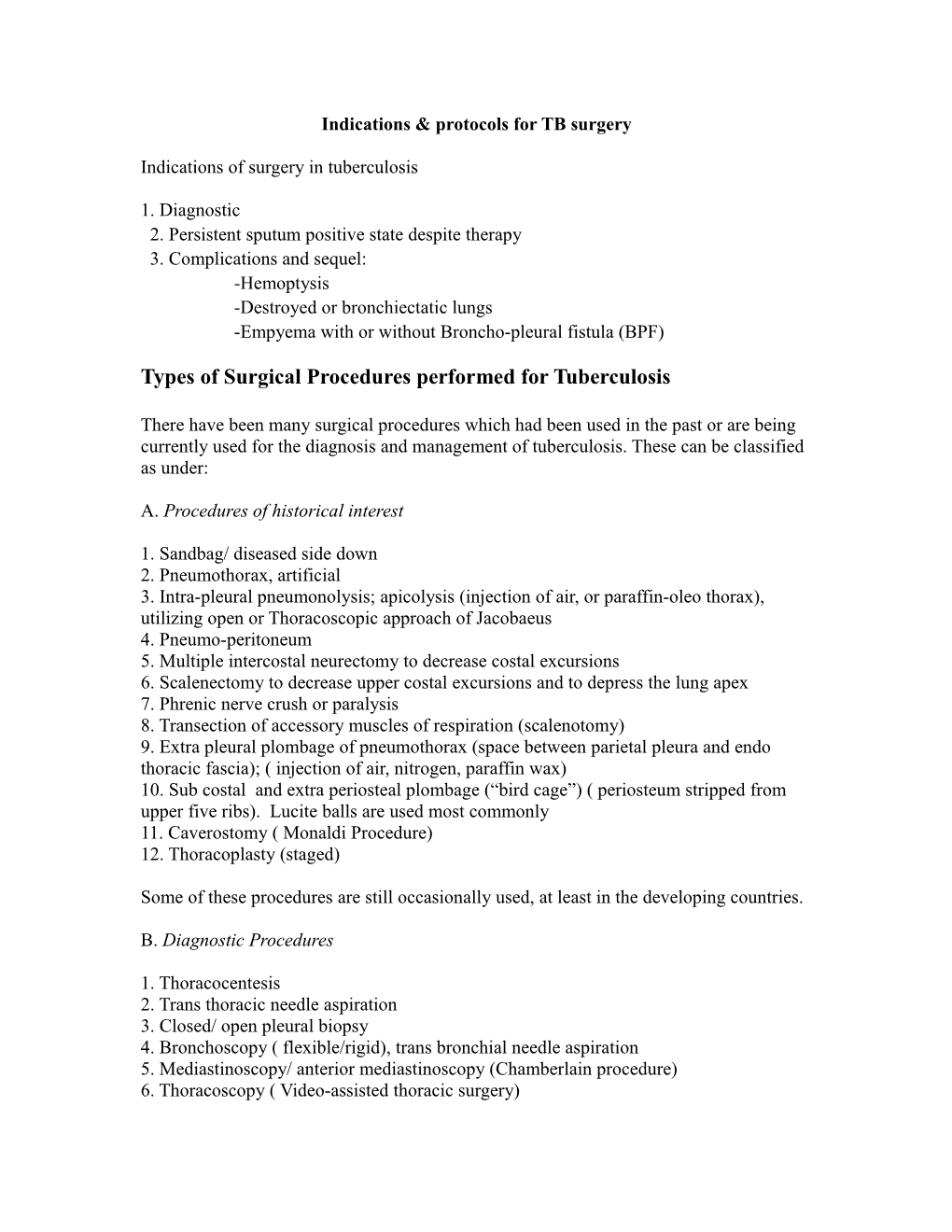 Indications & Protocols for TB Surgery