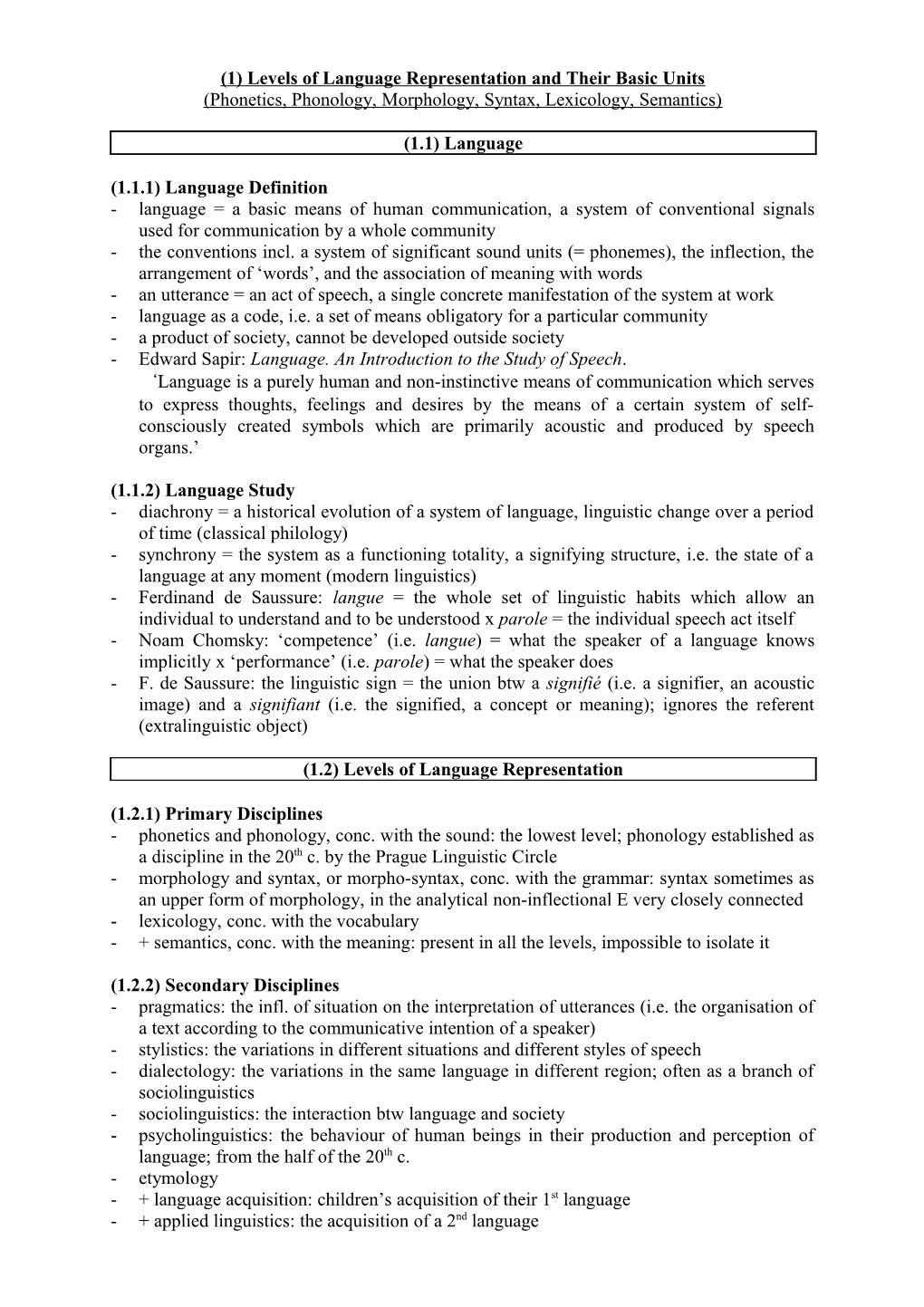 (1) Levels of Language Representation and Their Basic Units