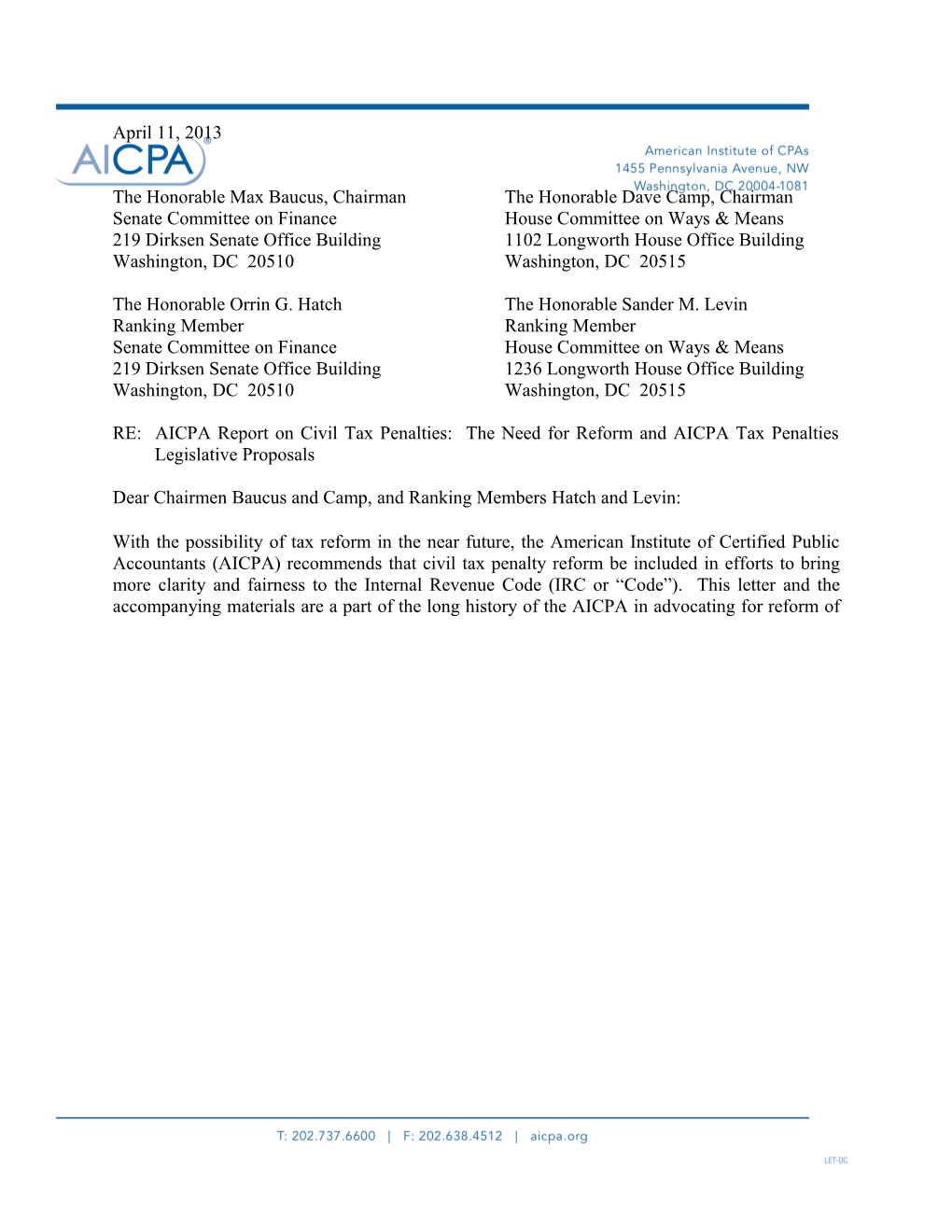 AICPA Cover Letter on Civil Tax Penalties Report and Legislative Proposal Submission