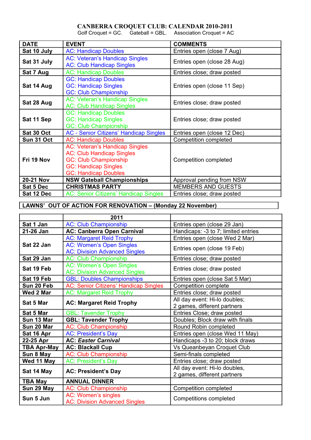 Canberra Croquet Club: 2009-10 Calendar