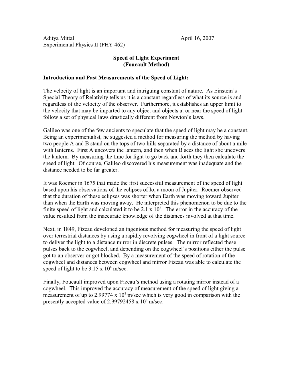 Introduction and Past Measurements of the Speed of Light