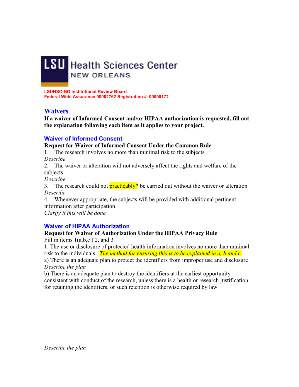 LSUHSC-NO Institutional Review Board