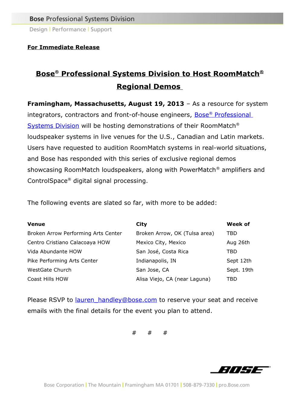 Bose Professional Systems Division to Hostroommatch Regional Demos