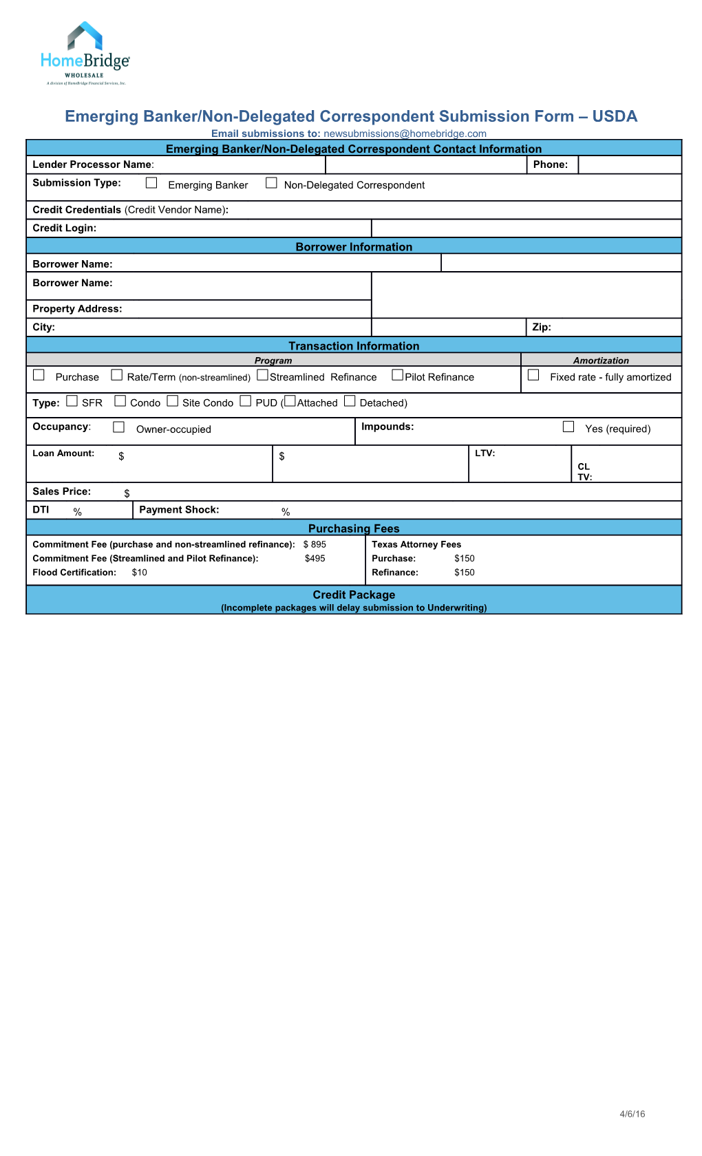 Emerging Banker/Non-Delegated Correspondent Submission Form USDA
