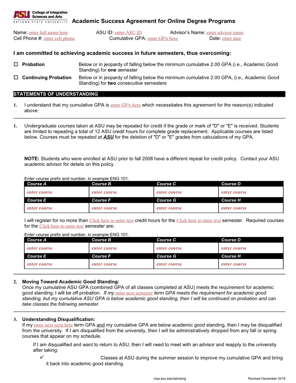 Academic Advising Appointment Worksheet